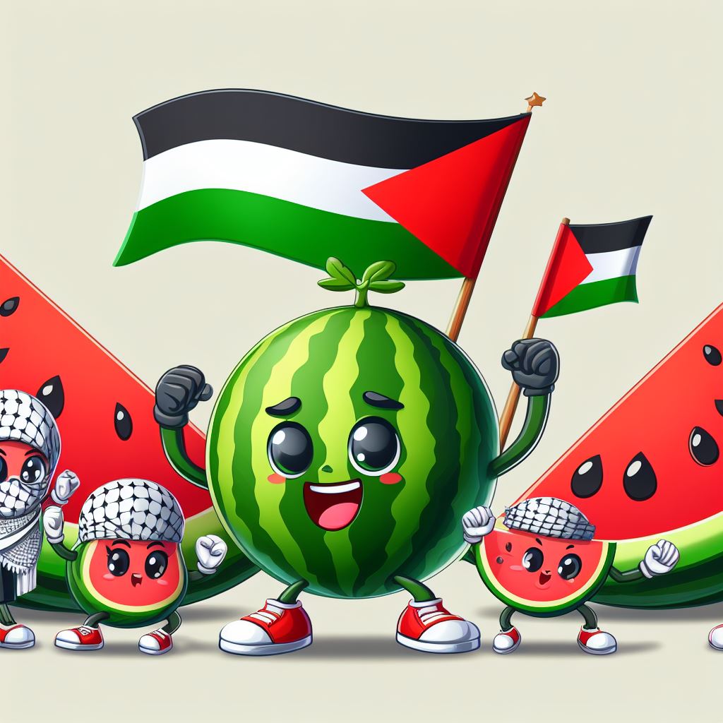 Watermelon illustration of palestine people resistance with disney 3d cute character style poster