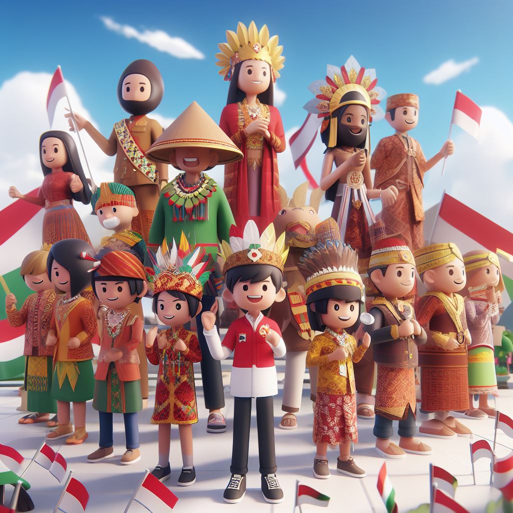 Indonesian Independence played by students with various tribes with their traditional clothes and displayed in beautiful 3d illustrations and displaying Indonesian cultural values.